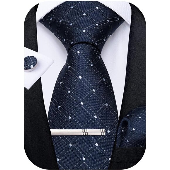 🆕Men Black Plaid Silk Checkered Necktie Pocket Square Cufflinks Tie Clip Set